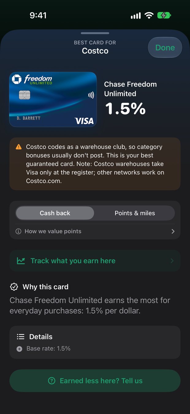 RightCard's answer for Costco: Chase Freedom Unlimited at 1.5%, with a note that Costco takes Visa only at the register