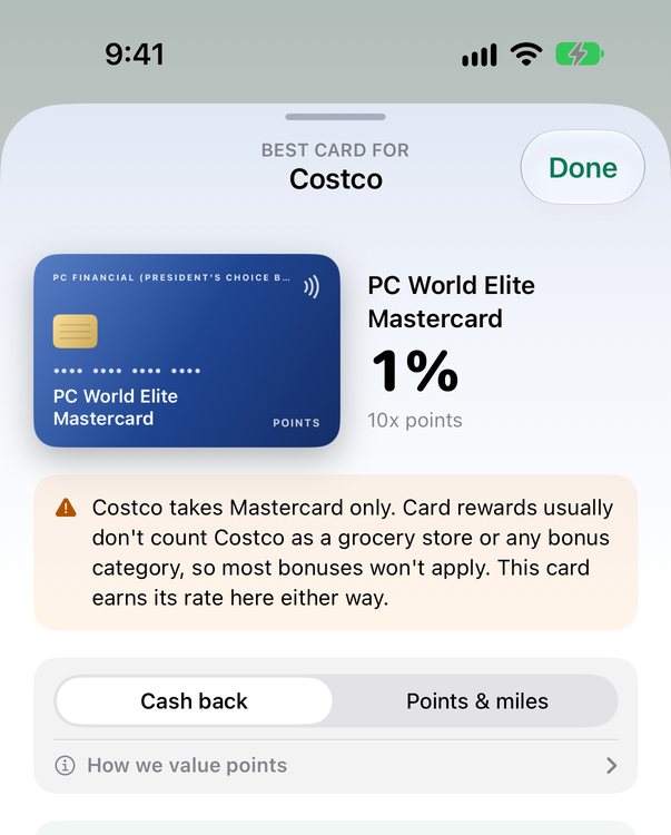 RightCard's answer for Costco in Canada: the PC World Elite Mastercard, with a note that Costco takes Mastercard only