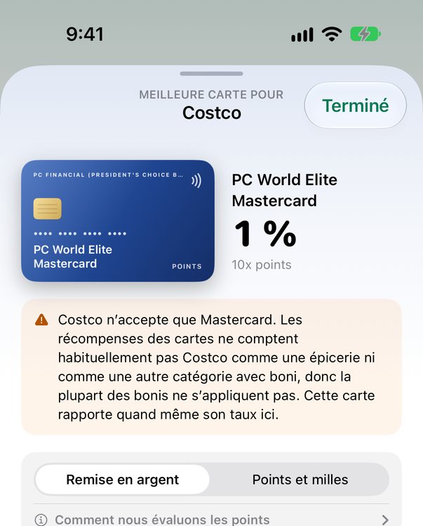 La réponse de RightCard pour Costco au Canada : la carte PC World Elite Mastercard, avec une note qui dit que Costco n’accepte que Mastercard