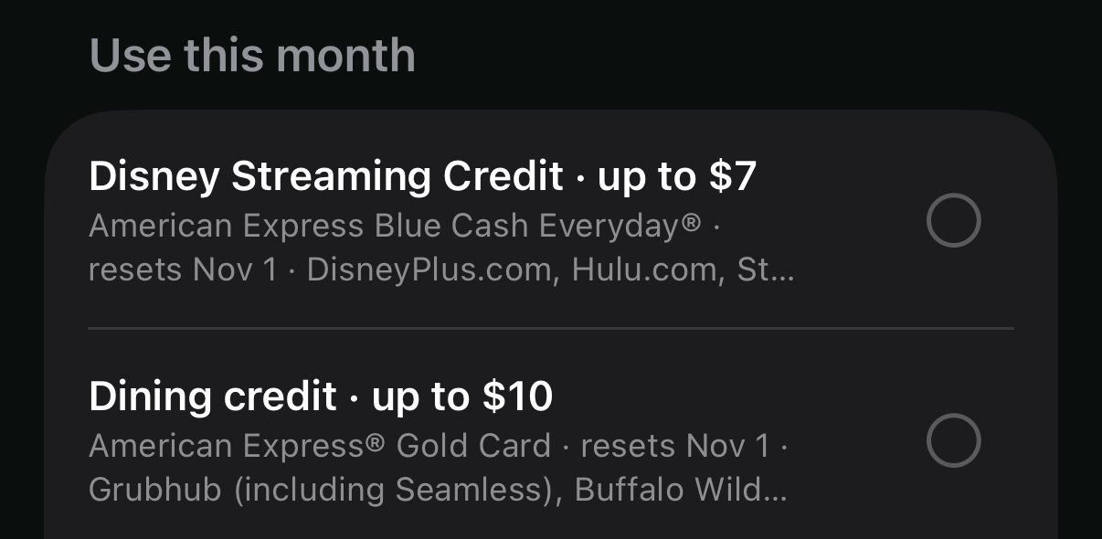 The card calendar's Use this month list: a $7 Disney streaming credit and a $10 dining credit, each with a check-off circle