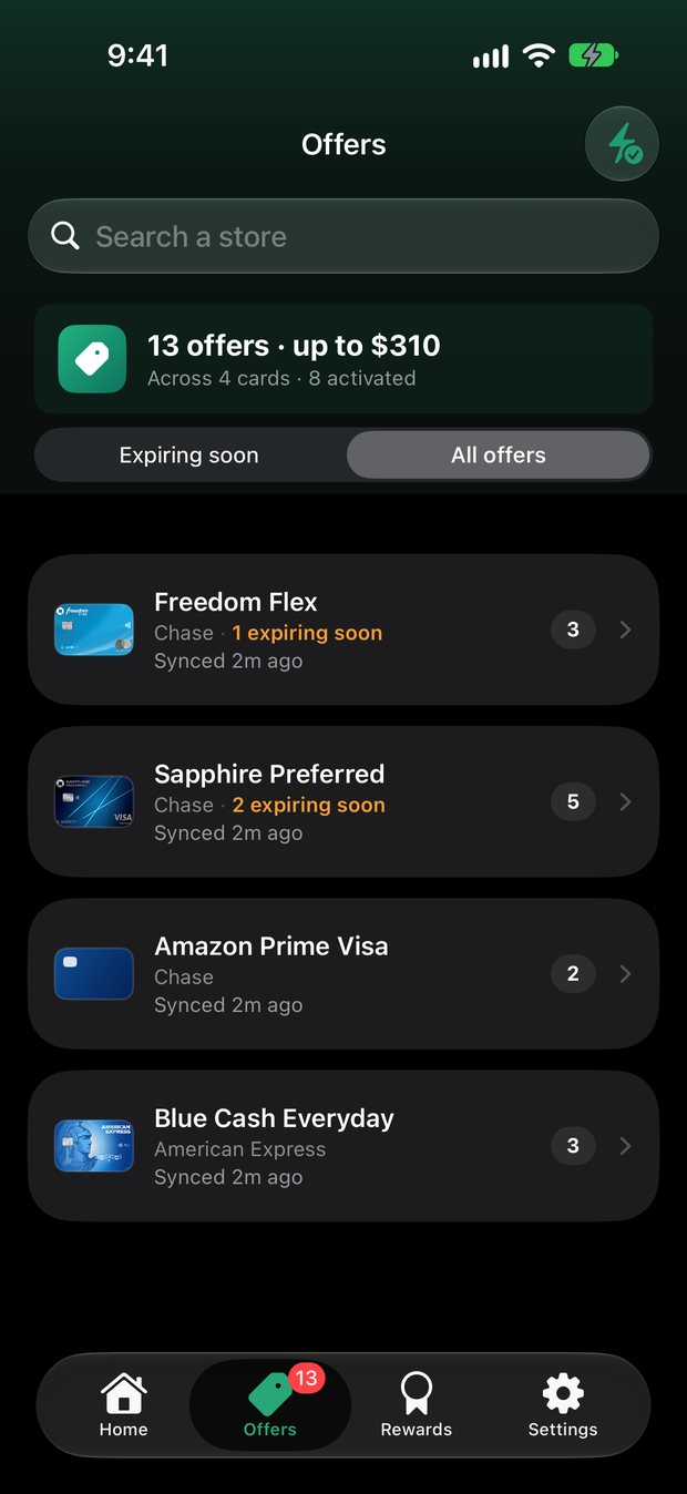The Offers tab: 13 synced offers across 4 cards, grouped by card, with how many expire soon